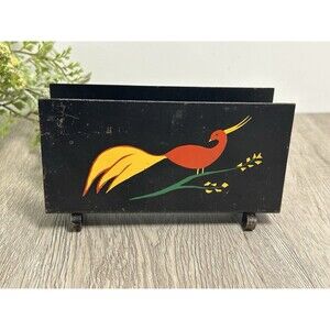 Vinatge Black Metal Letter Or Napkin Holder With Hand Painted Red Bird Long Tail